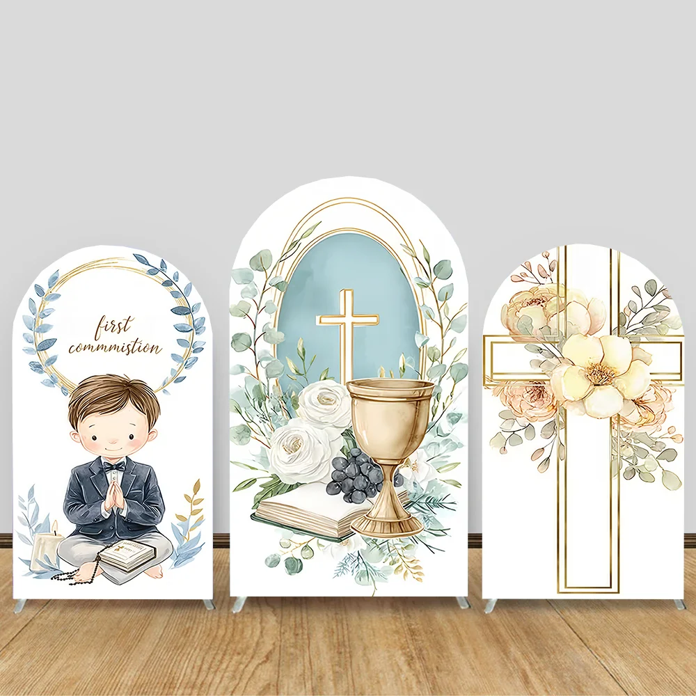 Green Leaves My Baptism Arch Backdrop Cover Floral Cross Boy or Girl First Holy Communion Party Decor God Bless Background