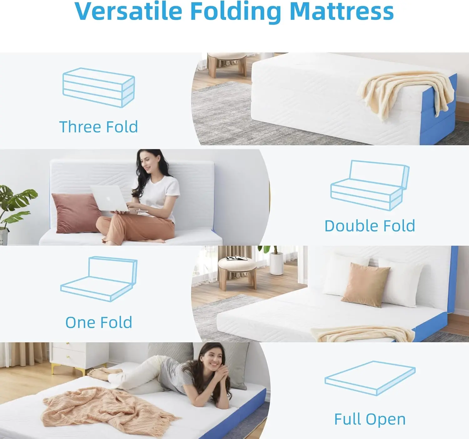 Matelas pliable Queen, matelas à trois volets en mousse à mémoire de forme infusée au gel avec sac de transport, housse lavable, matelas de sol pour invités, montres-polymères