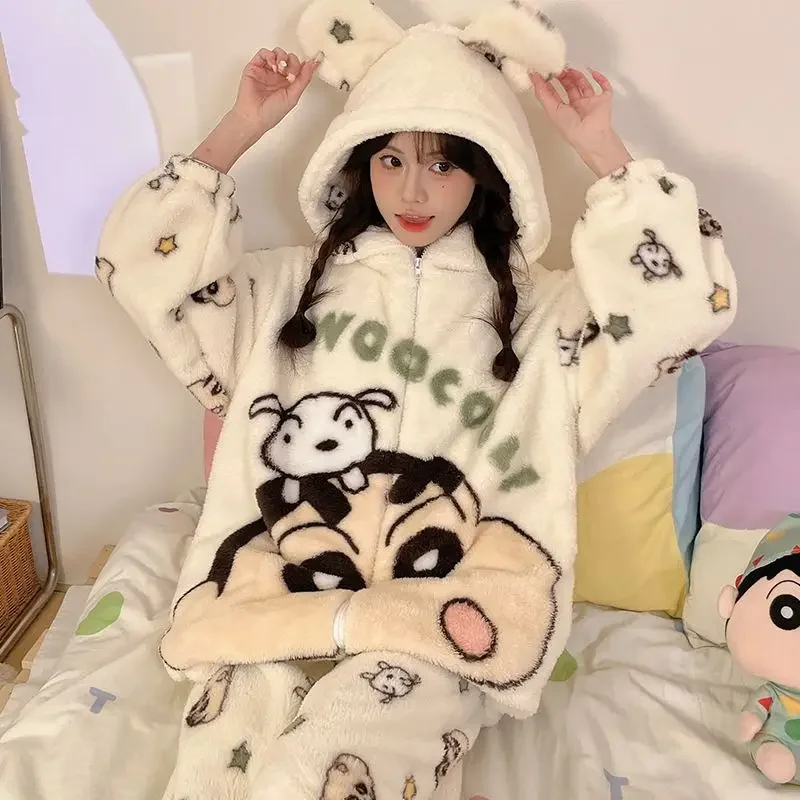 Crayon Shin-chan Pajamas Autumn and Winter Warm Comfortable Velvet Thickened Home Clothes Cute Cartoon Anime Kawaii Pajamas