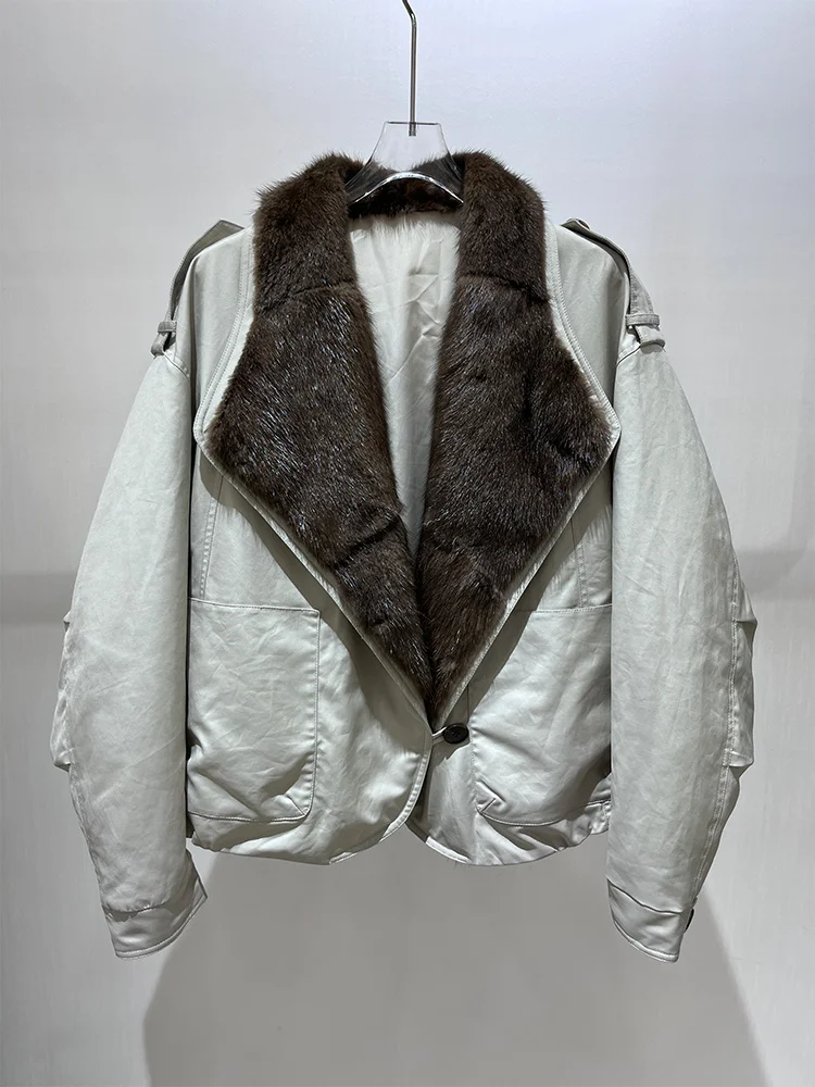 أزياء الشتاء الدافئة البخاخ السترات النساء الحقيقي الطبيعي الحقيقي المسخرية الفراء طوق أوزة أسفل السترات سميكة الإناث معاطف أبلى