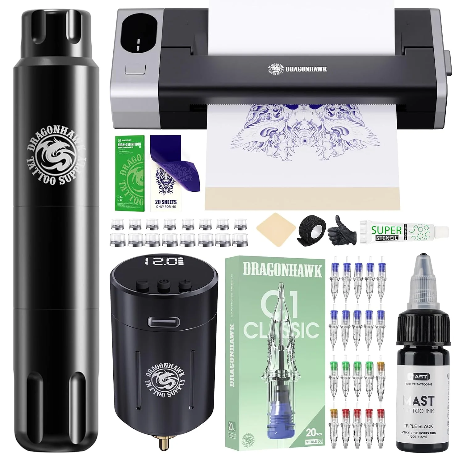 Dragonhawk Tattoo-Set Komplettset mit Bluetooth-Thermo-Tattoo-Transferdrucker, kabellosem RCA-Akku-Rotationsstift für Anfänger