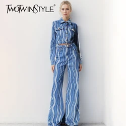 TWOTWINSTYLE Colorblock Two Piece Set For Women Lapel Long Sleeve Denim Coat High Waist Straight Jeans Temperament Sets Female