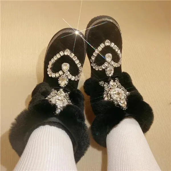 Super Bling Rhinestone Heart Beading Cow suede Snow Boots Crystal Thick Sole Slip On Warm Winter Fur Booties Woman