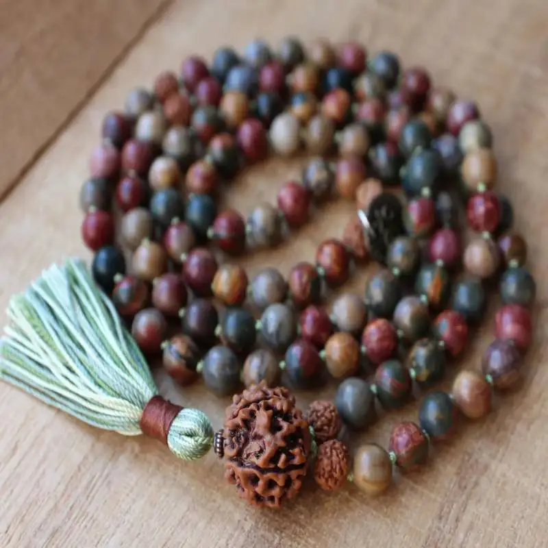 Natural Picasso Jasper 108 Beads Mala Necklace with Rudraksha Pendant & Green Tassel Spiritual Jewelry view 2