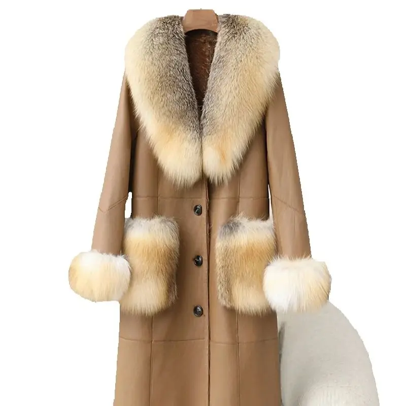 

Sheepskin and fur one-piece coat for women, fox fur collar for slimming, mid-length Haining fur coat for winter