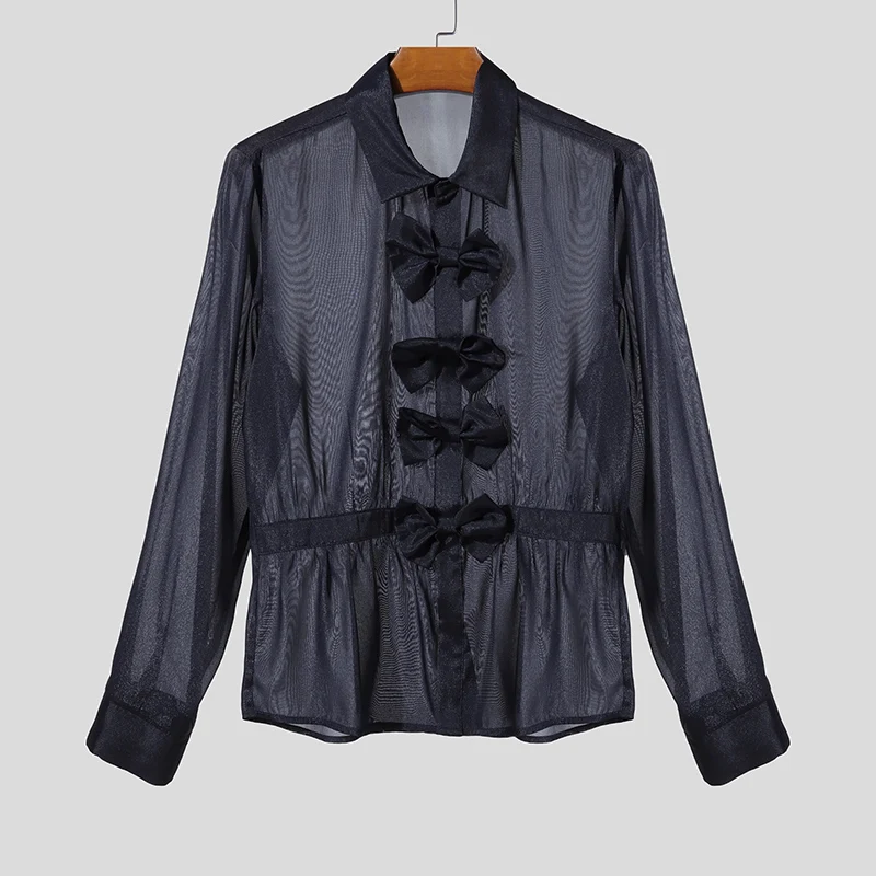 INCERUN Kemeja Pria Warna Solid Kerah Lengan Panjang Transparan Seksi dengan Ikat Pita Pakaian Pria Longgar Streetwear 2025 Fashion Kemeja Pria