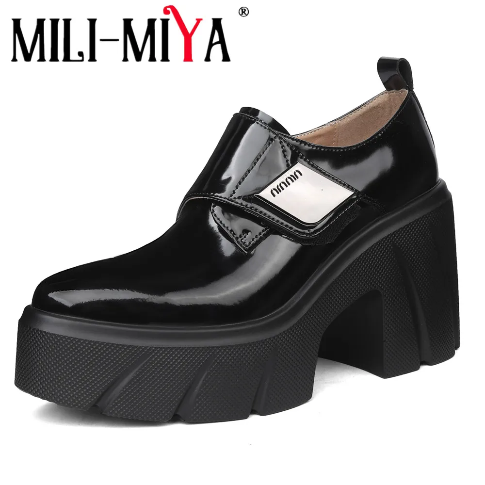 MILI-MIYA Women's Cow Leather Pointed-Toe Platform Pumps Extra-Tall Chunky Heel Solid-Colour Fashion Shoes Handmade For Ladies