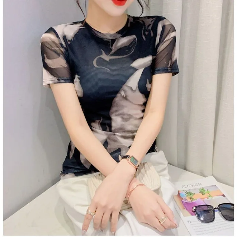 Women's Clothing Summer New Fashion Commuter Geometric Printed Tie Dye Round Neck Short Sleeve Slim All-match Chic T-shirts Tops image 5