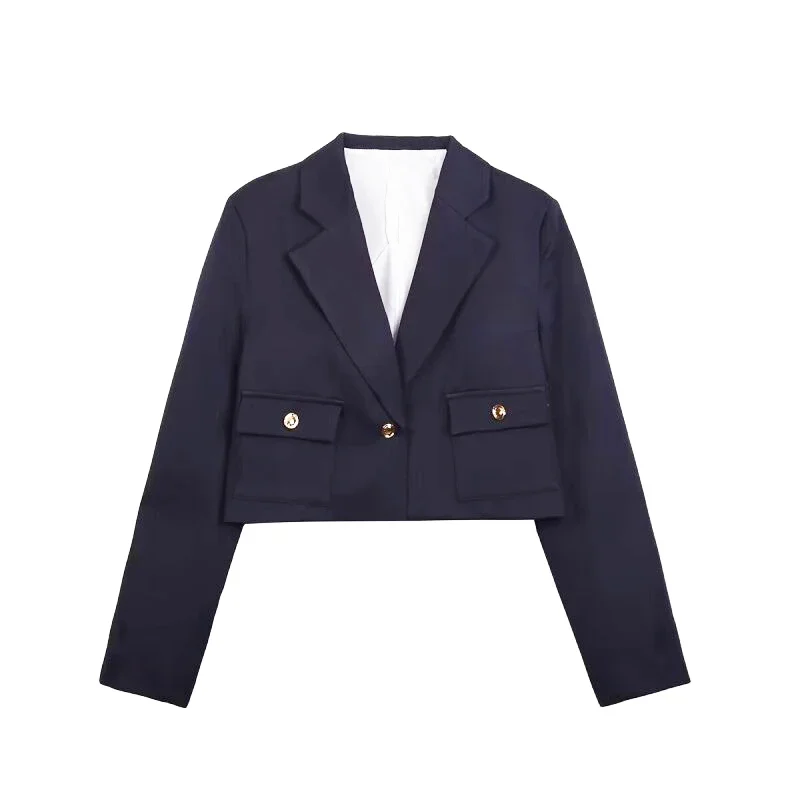 

Navy Blue Suit Jacket Fashionable Women V-Neck Short Coat Casual Loose Full Sleeves Office Lady Suit