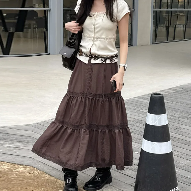 

2025 New Fashion Women Long Skirt, Vintage Elegant Solid Pleated Fall Swing Skirt for Casual Daily