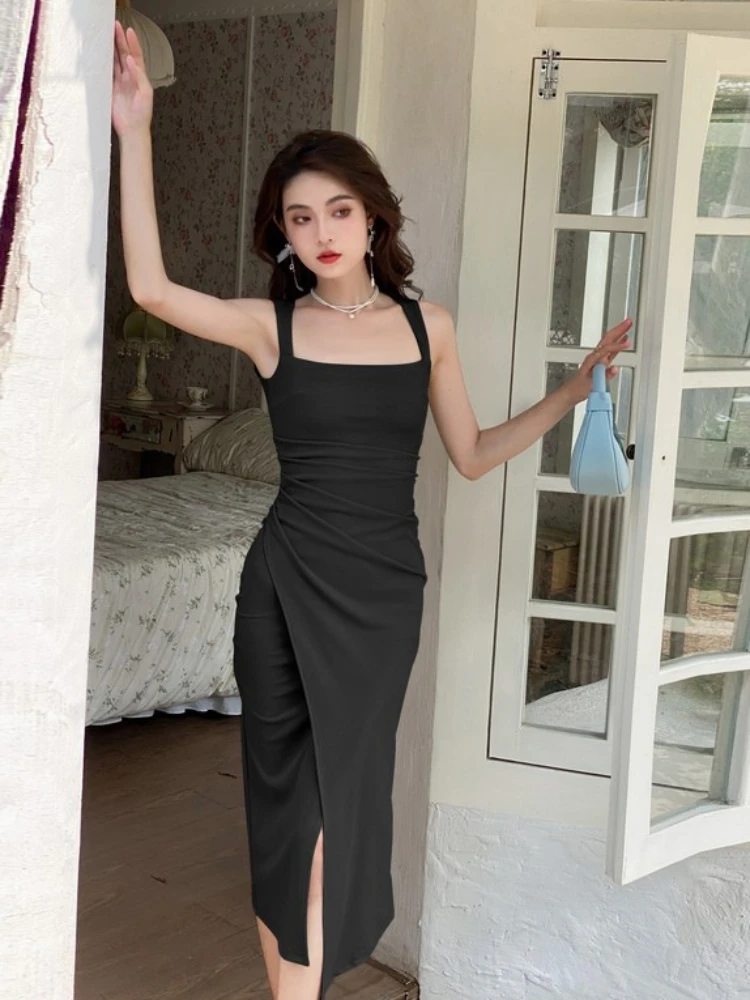 Women Dresses Elegant Sleeveless Irregular Office Lady Decent Summer French Style Tight Temperament Square Collar New Arrival