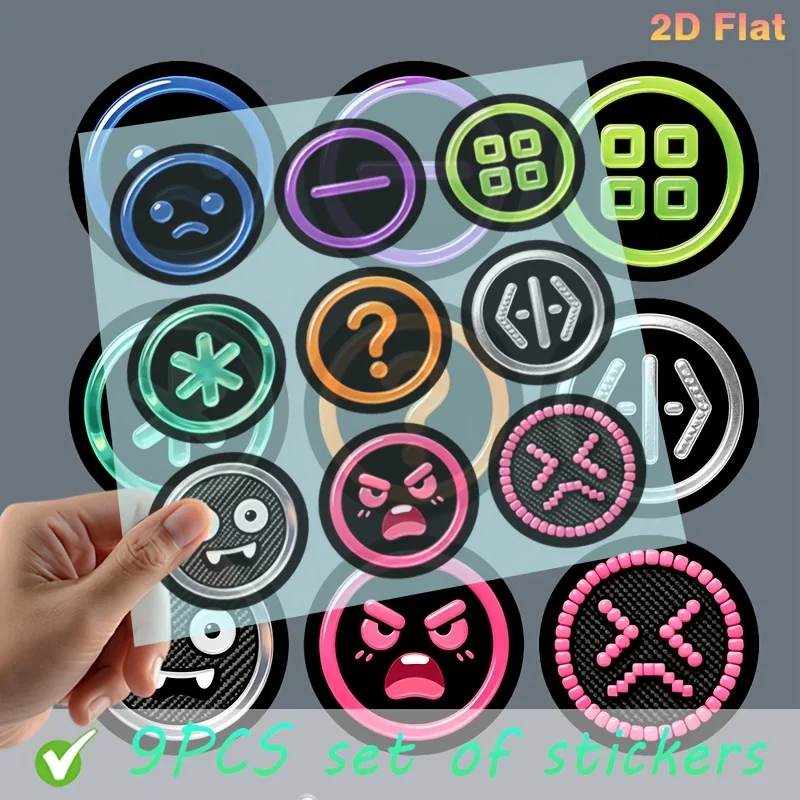 9Pcs 2D Glossy Round Emoji Symbol Waterproof Stickers Colorful Decals For Car Laptop Holiday Gift