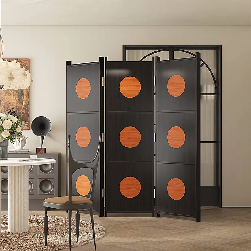Retro screen partition foldable mobile designer medieval small art solid wood curtain black
