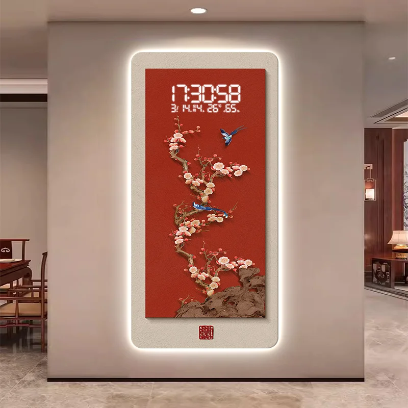 New Chinese-style floral and bird entryway decoration painting, high-grade electronic screen clock hanging picture, corridor wal