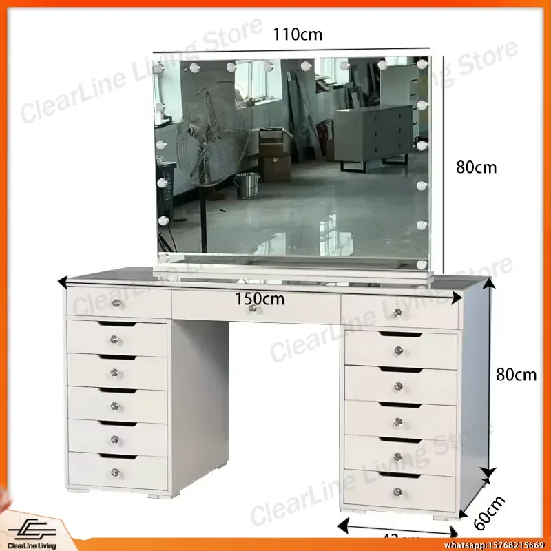 Glass Top Dressing Table with LED Lighted Mirror Power Socket Makeup Vanity Table with Drawer Modern Bedroom Dressing Table