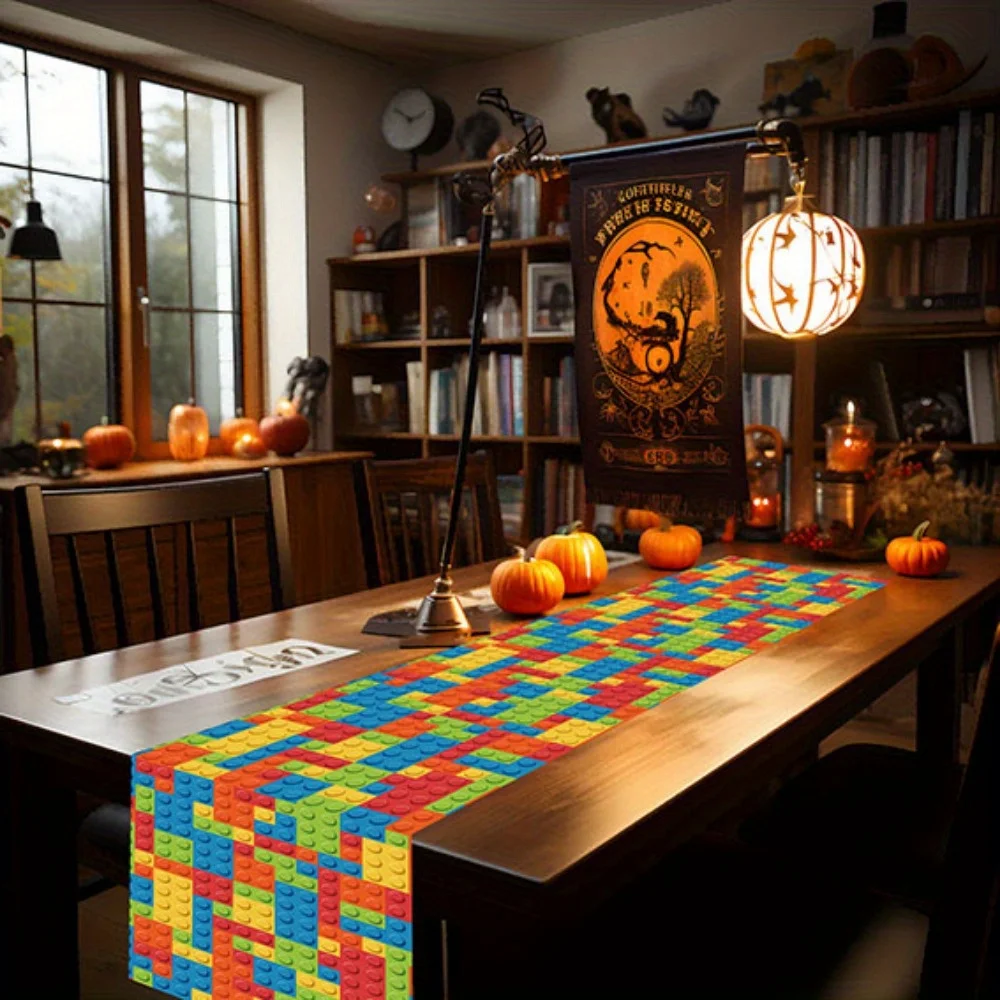 Colorful Building Block Table Runner 2D Single Print Vibrant Tabletop Decoration Kids Party Family Meal Home Kitchen Use Runner