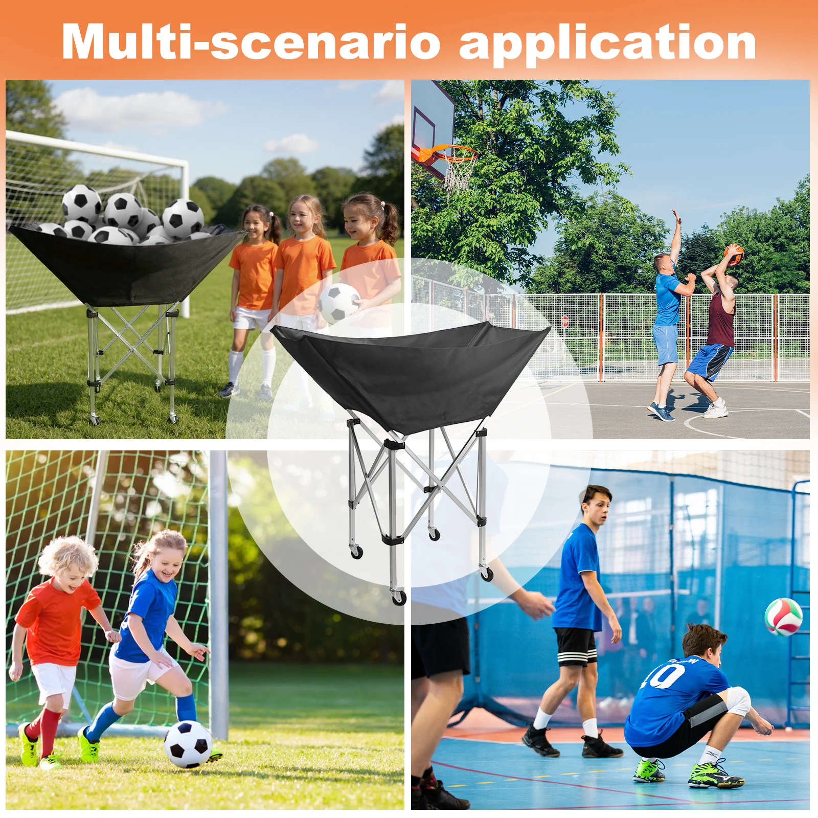 Portable Ball Storage Cart Foldable Tennis Ball Basket Cart with Bag Volleyball Training Equipment Easy Storage and Transport