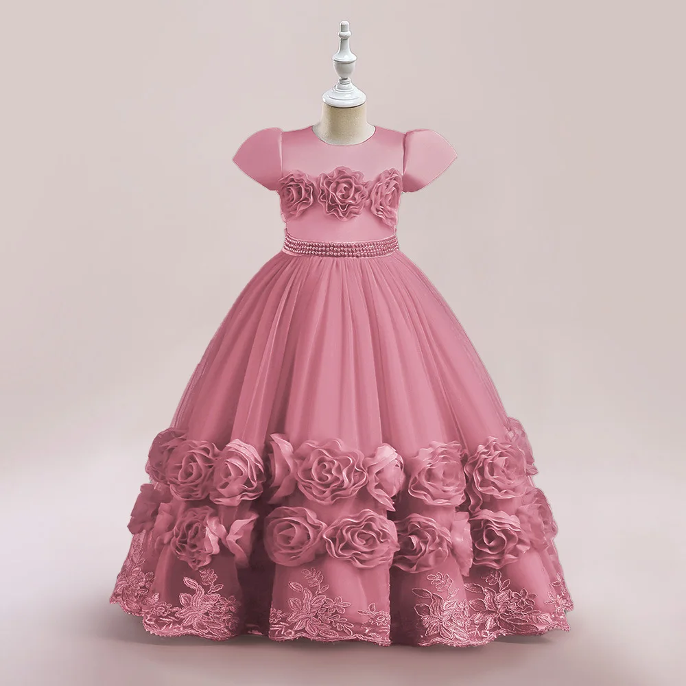 

Floral Embroidery Elegant Kids Wedding Dresses Lace Mesh Children's Long Formal Princess Dress For Girls Evening Dresses