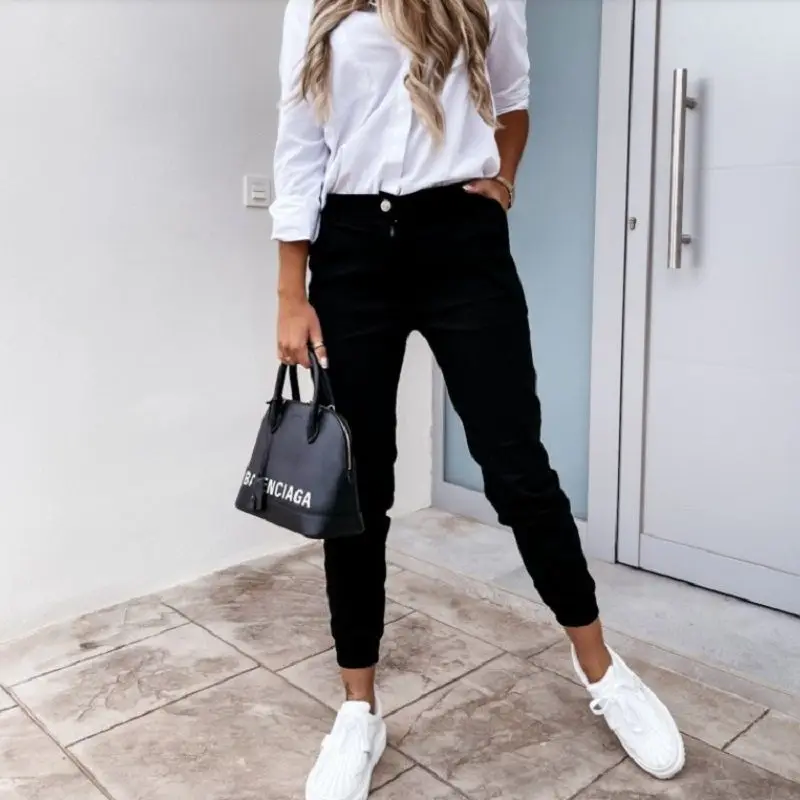 ربيع عارضة مكتب سيدة Sweatpants مع كيتس الشارع Sle l الخصر السراويل الطويلة فضفاضة تناسب السيدات السراويل