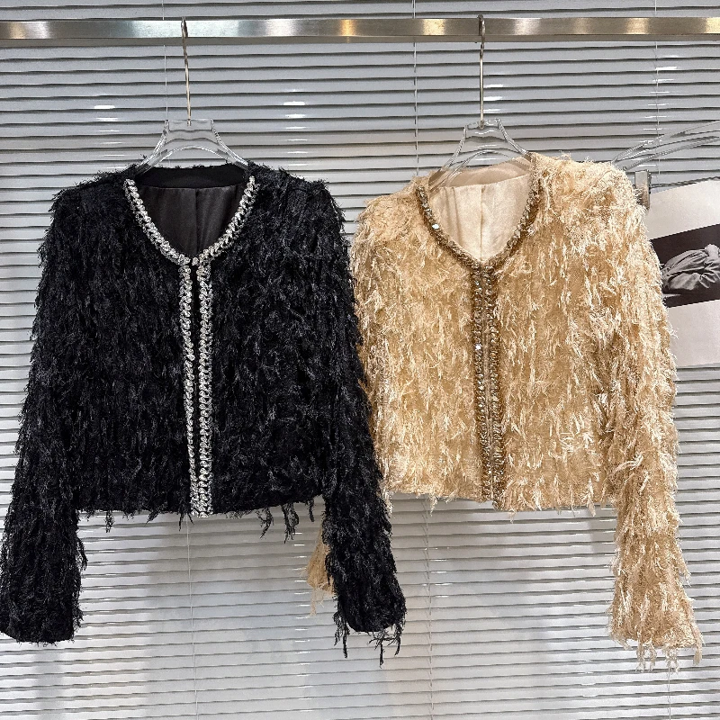 Wome's Spring 2026 Gold Rhinestone Fringe Jacket New Luxurious Elegant Heavy Sparkly Glamorous Party Evening Cocktail Jacket