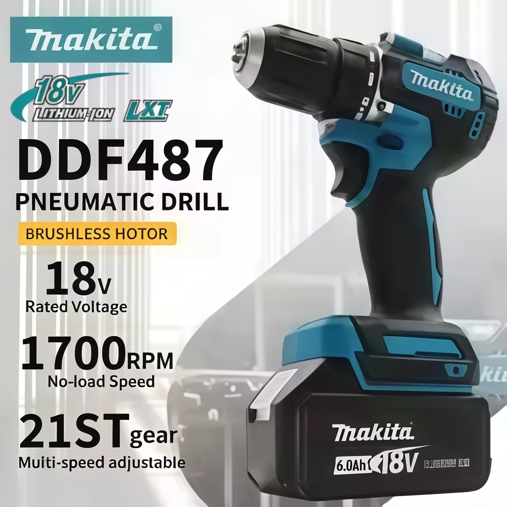 Original Makita DDF487 18V 13mm Cordless Driver Drill Kit Equipped with 6Ah Replacement Battery and Standard Charger