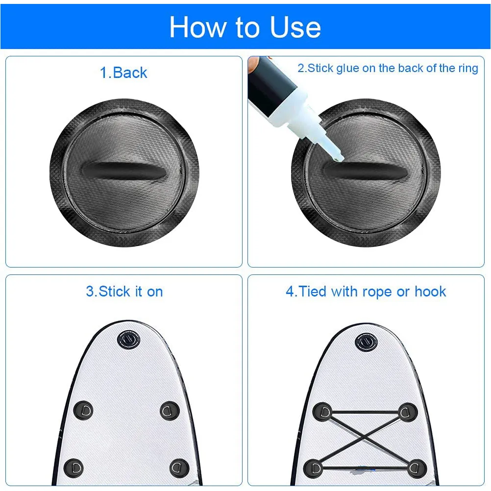 1Set D Ring Patch Kit for Inflatable Kayak Paddle Board Wear Resistant Rust Proof D Ring Pads Elastic Bungee Rope Accessories
