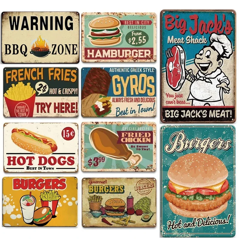 1Pc Hot Dog Fresh Hamburgers Aluminum Signs BBQ Vintage Poster Home Kitchen Wall Decor Iron Plate Painting Fast Food Shop Plaque