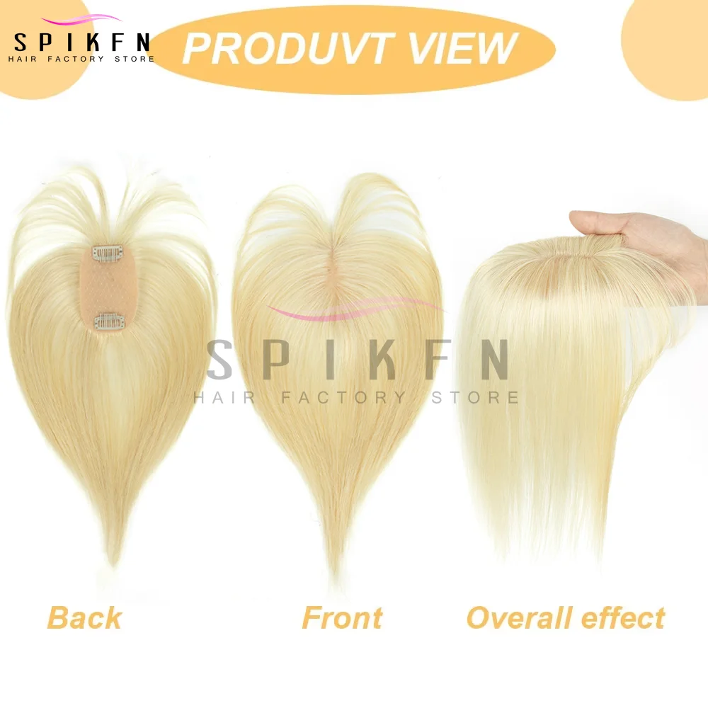 SPIKFN 5x9cm 실제 인간의 머리카락 토퍼 8 "-14" 천연 스트레이트 탑 헤어피스 금발 갈색 머리 토퍼 중간 부분 (Bangs 포함)