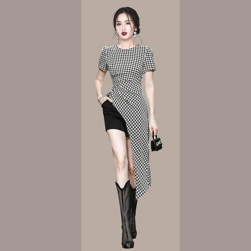 

Women's Summer Fashion Checkered Top Split Long Slimming High Waist Shorts Set Irregular Dress Business Casual Work Outfit