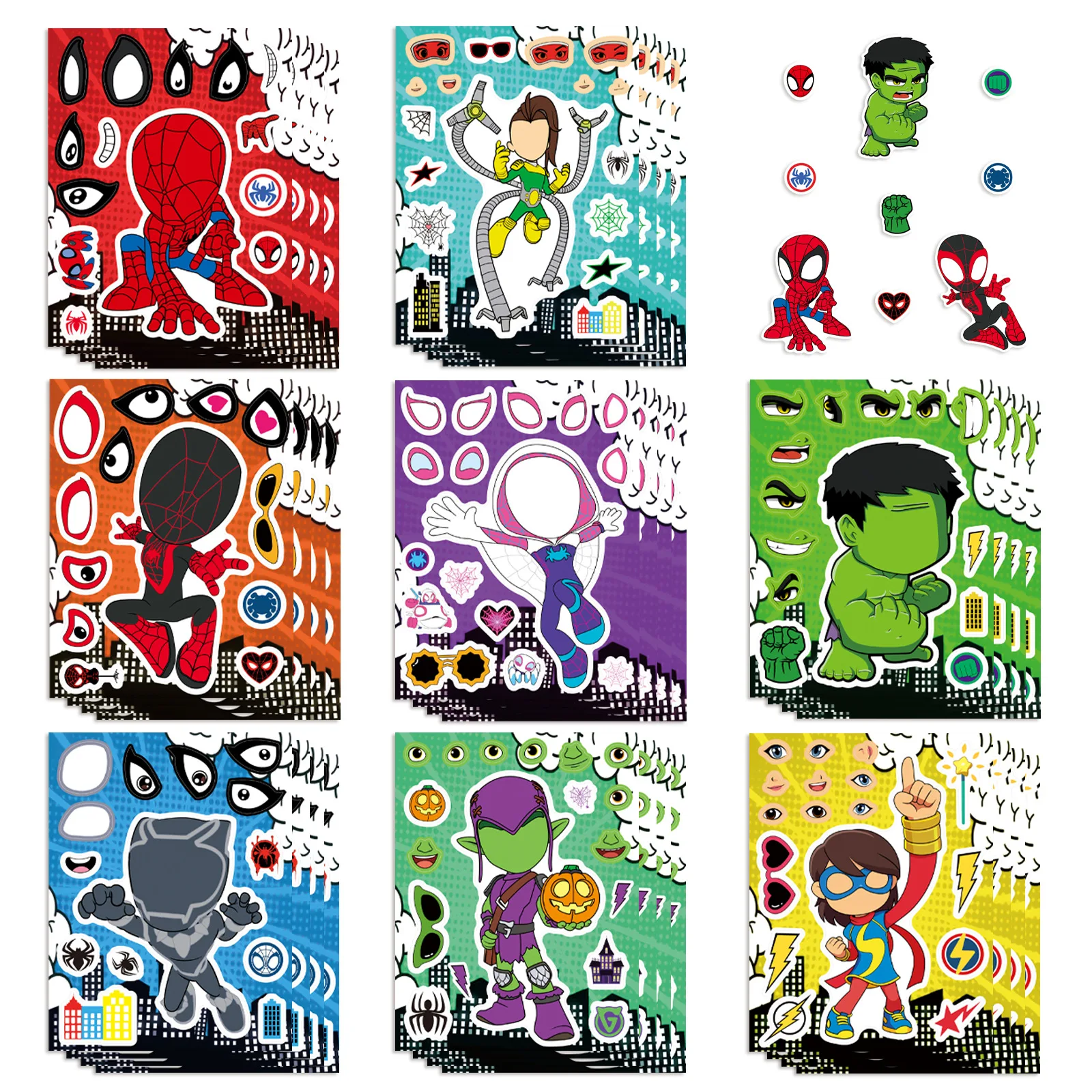 8 Hojas de Pegatinas de Rompecabezas de Marvel Avengers Spiderman, Crea tu Propia Cara, Juguetes de Ensamblaje DIY para Niños, Calcomanías