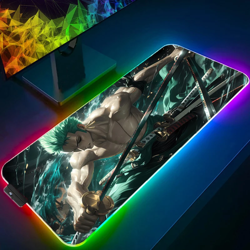 ONE PIECE Zoro Mouse Pad RGB Gaming Accessories Gabinete Gamer PC Computer Desk Mat Backlight Keyboard Tablet Anime Mousepad LED