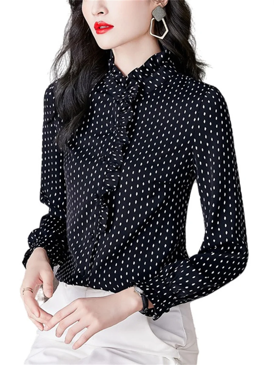 

Women Spring Autumn Blouses Shirts Lady Fashion Casual Long Sleeve Ruffles Collar Lace Polka Dots Blusas Tops CT0335