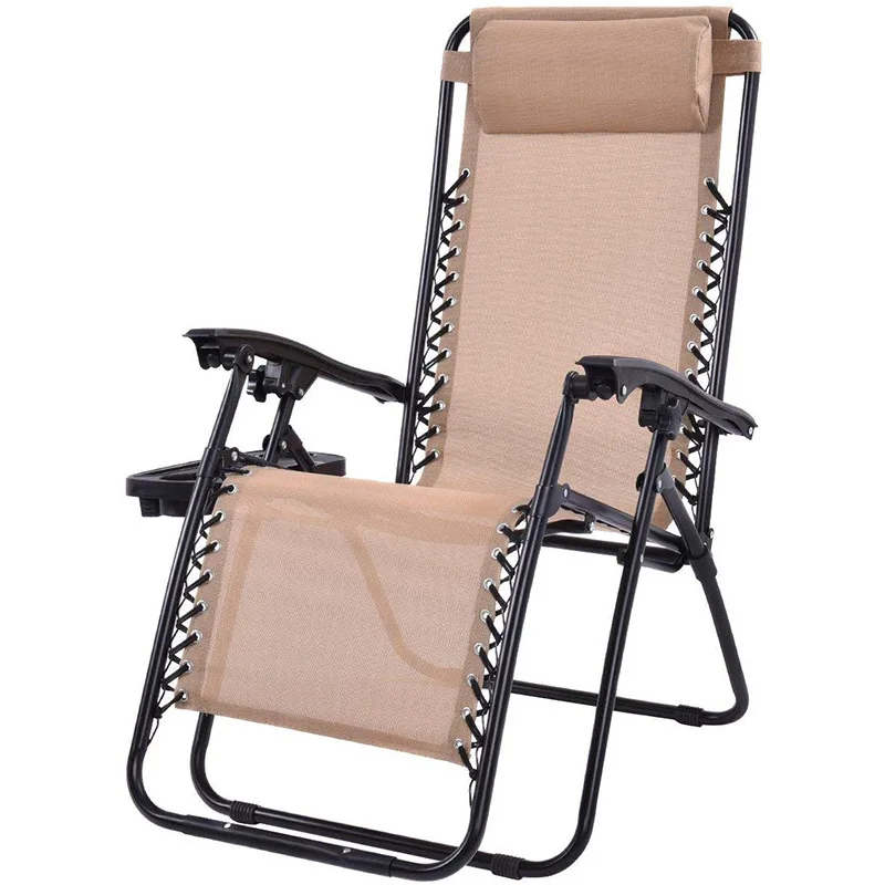Outdoor Portable Easy Folding Reclining Sun Loungers With Cup Holder Trays And Iron Frame Camping Chairs For Fishing