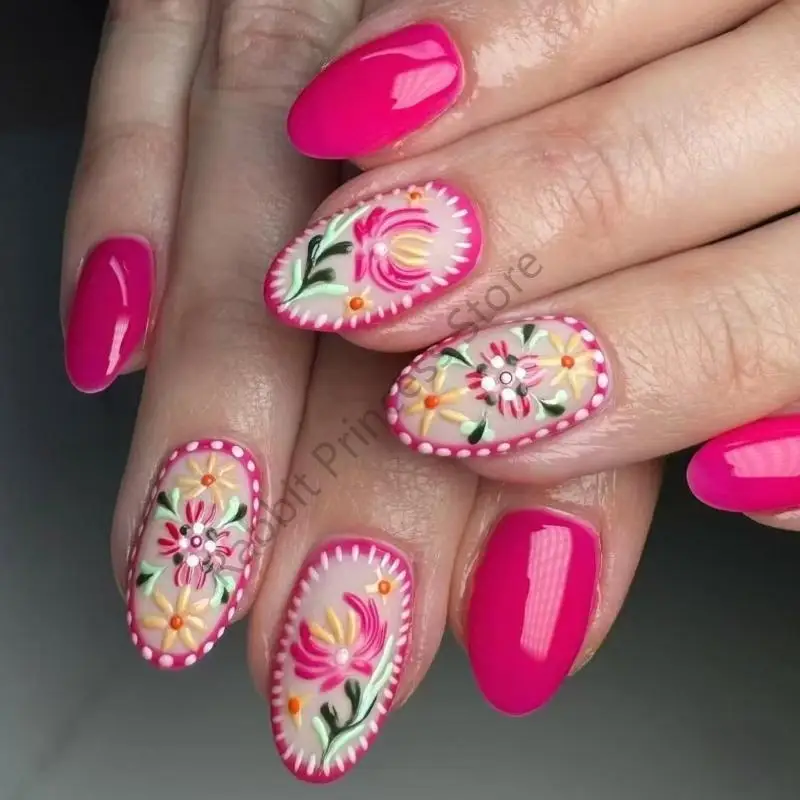 BX0F 24 PCS FLORES STACK ON NIPLE Summer Floral Artificial Ups Corto Oval Oval Presiona brillante en uña para mujeres chicas