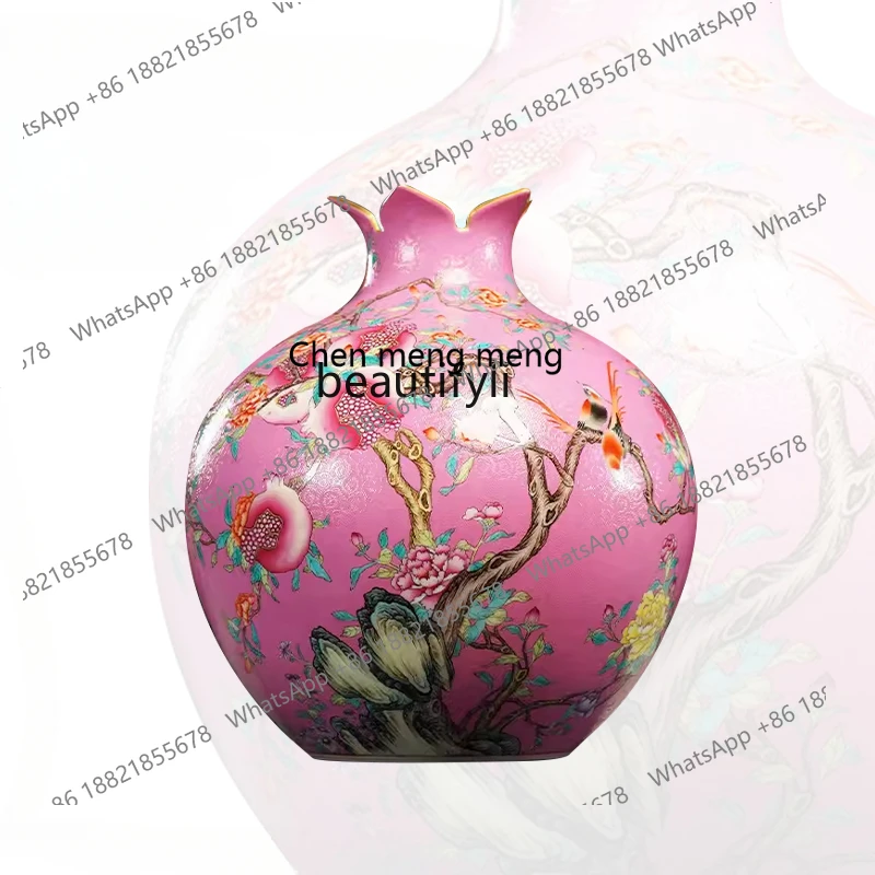 X JingdezhenCeramic Vase HandDrawnFlowers and Birds Pattern PomegranateBottle Chinese Style Ornament Decoration Office Living Ro