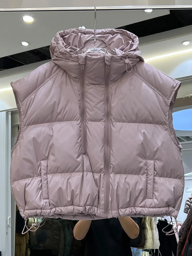 2024 New Women 90% White Duck Down Vest With Hood Autumn Winter Warm Over Size Casual Sleeveless Female Puffer Jacket