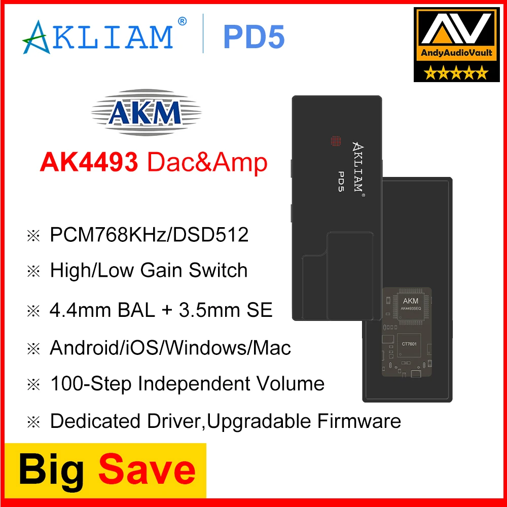 (Andy 5-Star) AkLIAM PD5 AK4493SEQ USB Dac Portable USB Dac & Amp 4.4mm Balanced & 3.5mm Headphone Amplifier PCM768KHz DSD512