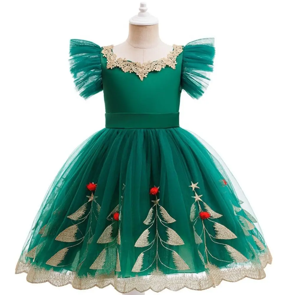 Mesh Puff Skirt Christmas Princess Dress Embroidered Tutu Skirt Short-Sleeved Christmas Dance Dress Flying Sleeve Lace Collar