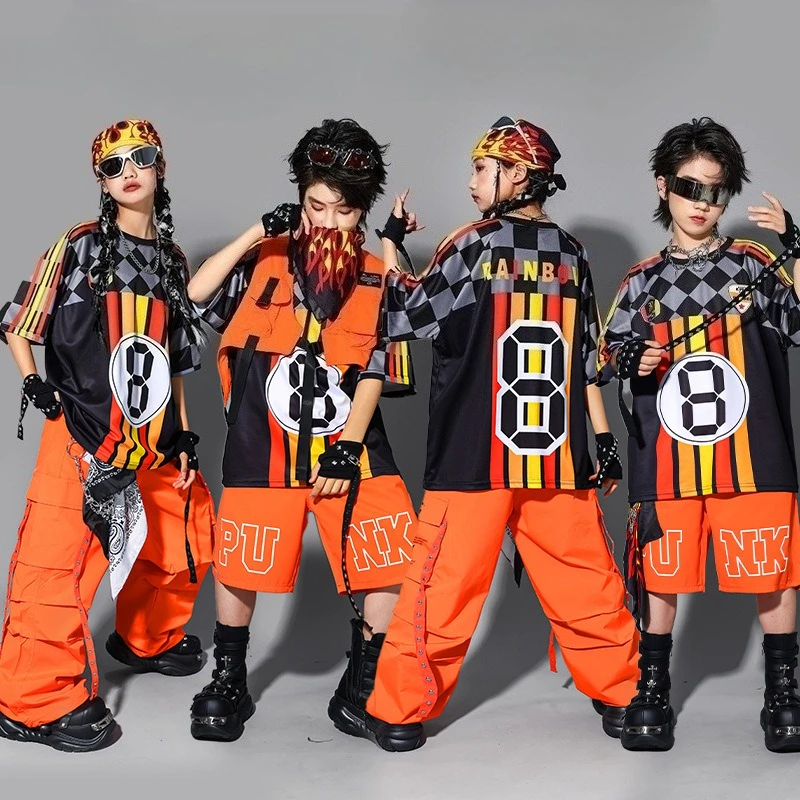 Ragazzi Hip Hop Moda K-pop Top a righe Pantaloni cargo arancioni Ragazze Pantaloncini da ballo di strada Abiti Gruppo Streetwear Set di vestiti jazz