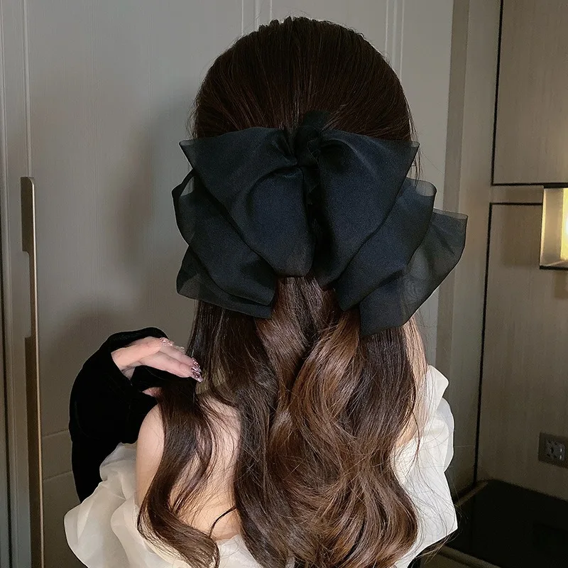 

Black Beige Khaki Oversize Bow Hairpin for Women Cute Net Yarn Bowknot Ribbon Clip Hair Clip Korean Chiffon Hair Accessories