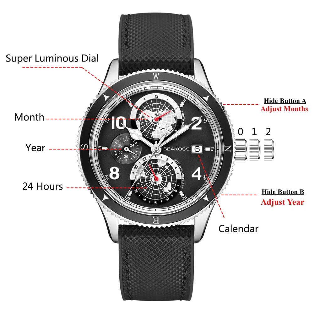 SEAKOSS 100M Jam Tangan Mekanis Otomatis Bumi Pria Menyelam C3 Jam Tangan Tampilan Bulan Tahun 24 Jam Kalender Safir Bercahaya