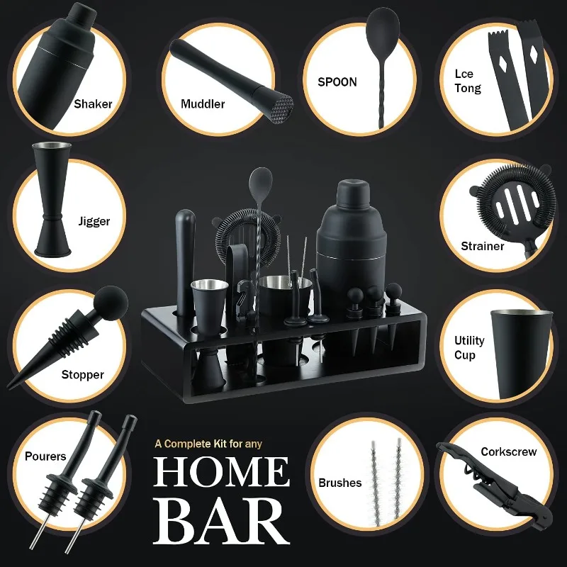 Matte Black Stylish Bar Tool Kit, 16Pcs 25oz Stainless Steel Cocktail Shaker Full Mixology Supplies For Home Wedding Party Bar