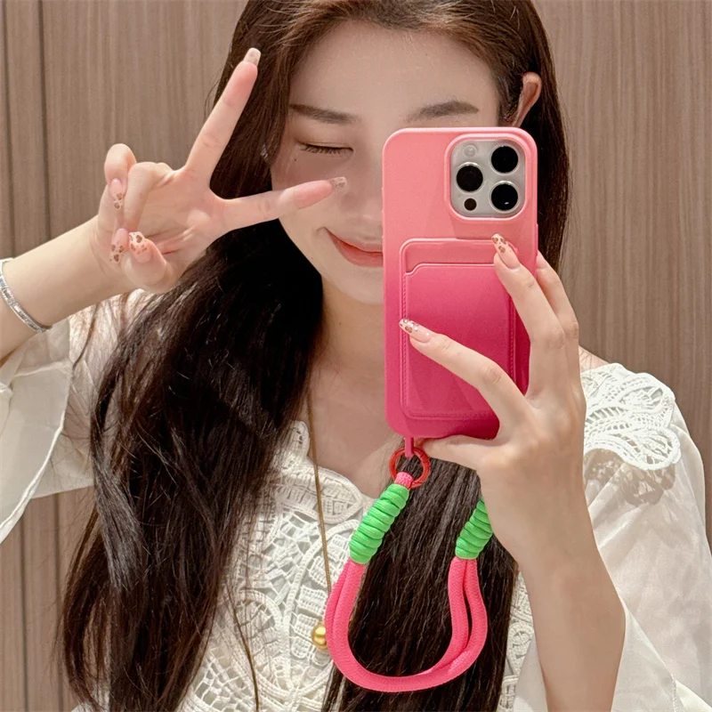 Gradient Color Cute Card Slot Holder Phone Case For iPhone 16 15 Pro 12 13 14 Pro Max Cover with Hand Rope Strap Silicone Cases