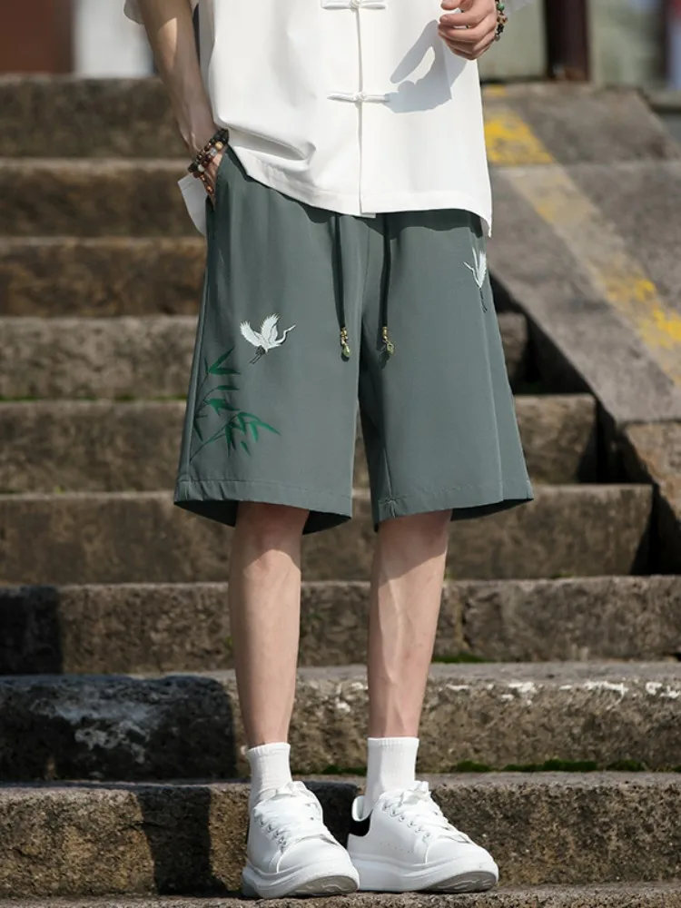 

New Chinese Sle Ice Silk Men's orts Summer Breathable Casual Loose Five-Quarter Length Trendy Comfortable Mid-Waist Pants