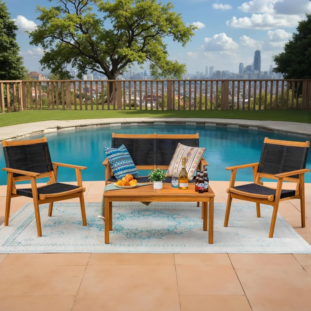 

4 Pieces Acacia Wood Patio Conversation Sets,Patio Furniture Set with Hand Woven Rope Seats and Back,Outdoor Chair and Table Set