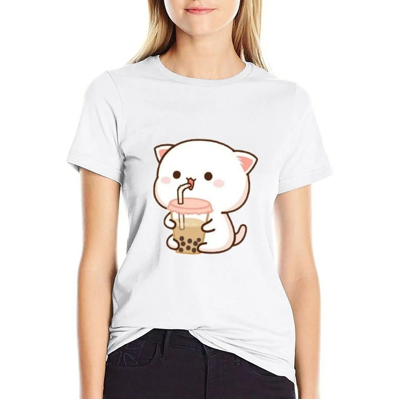 

Cat drinking boba T-shirt cute tops summer tops rock and roll t shirts for Women