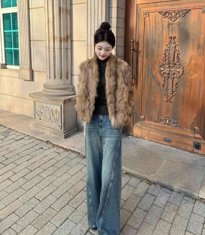 High-End Eco-Friendly Fox Faux Fur Coat Cardigan Winter New Thickened Brown Short Style Harajuku Gothic Korean Lolita Jacket