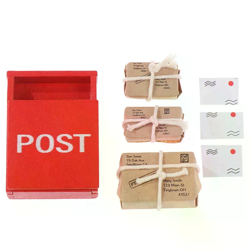 1Set 1:12 Dollhouse Miniature Letter Box Red Mailbox With Mail Sack Postcard Fairy Garden Door Furniture House Decor Toy