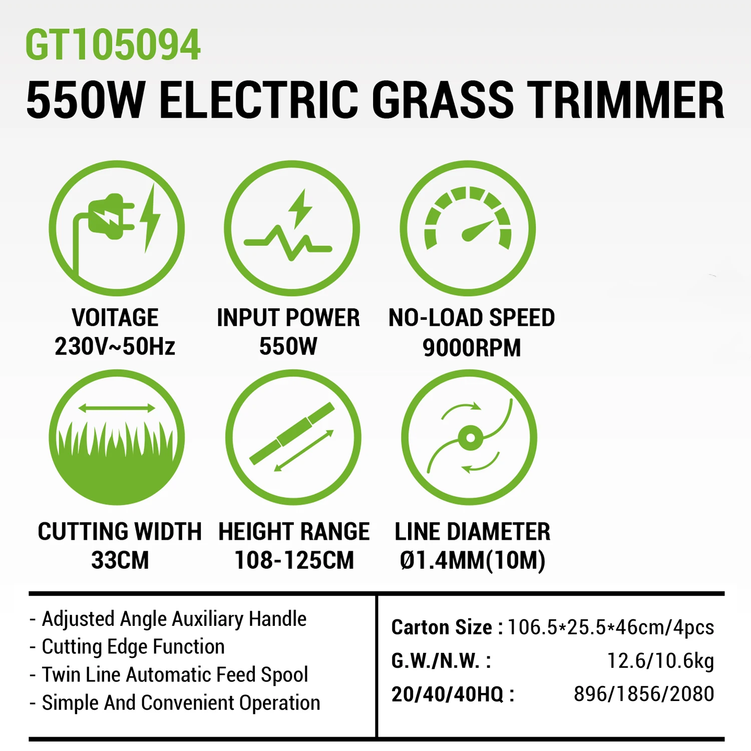 VERTAK 550W Power Grass Trimmer Multi-function Electric Lawn Edger Grass Cutter Machine with Telescopic Handle