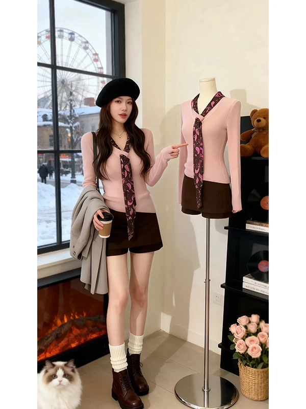 

Розовый вязаный комплект с V-образным вырезом и юбкой с высокой талией для женщин: зимний модный повседневный стиль, теплый и комфортный, с длинными рукавами